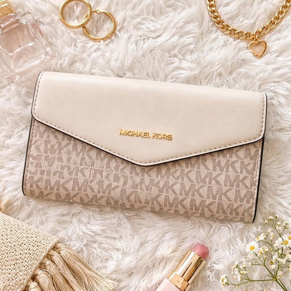 Michael‎ Kors Jet Set MK Logo Envelope Crossbody Wallet Vanilla Beige (No Strap)